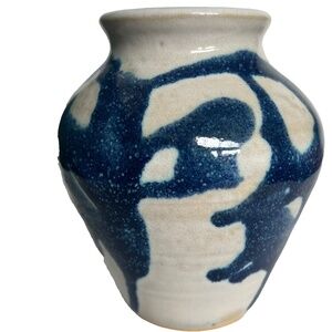 Studio Art Pottery Stoneware 6” Vase Artist Signed Hanne Blue Abstract Handmade